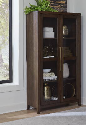 Dark brown storage cabinet with class doors window panes.