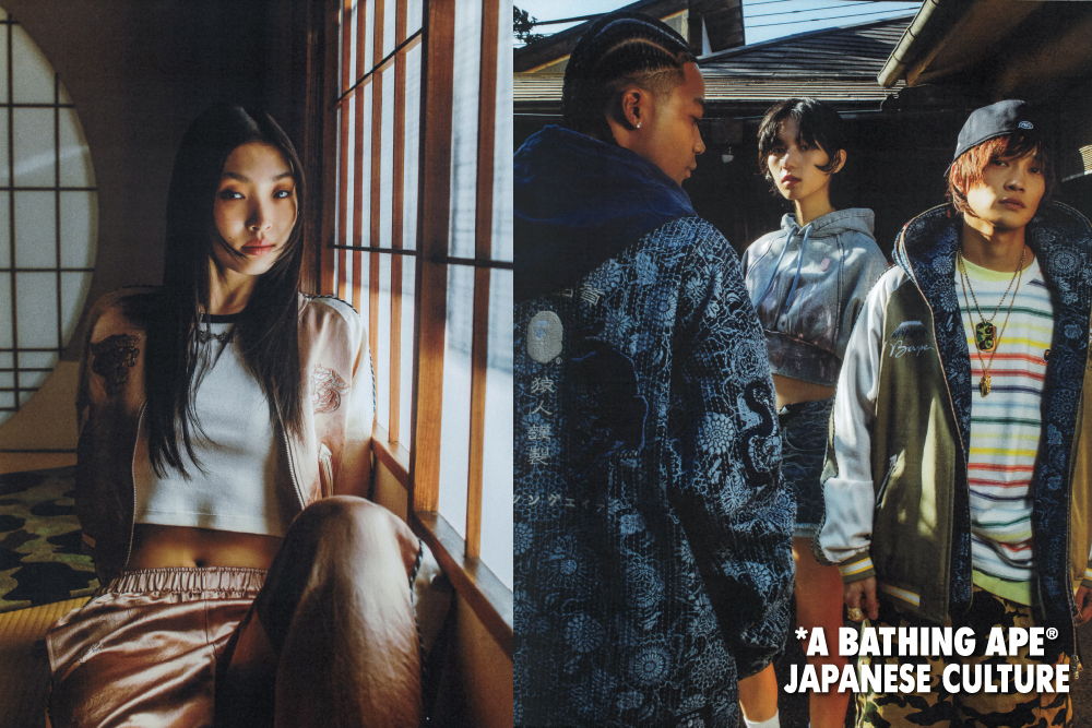 Fashionable individuals in a Japanese-inspired setting, showcasing streetwear styles.