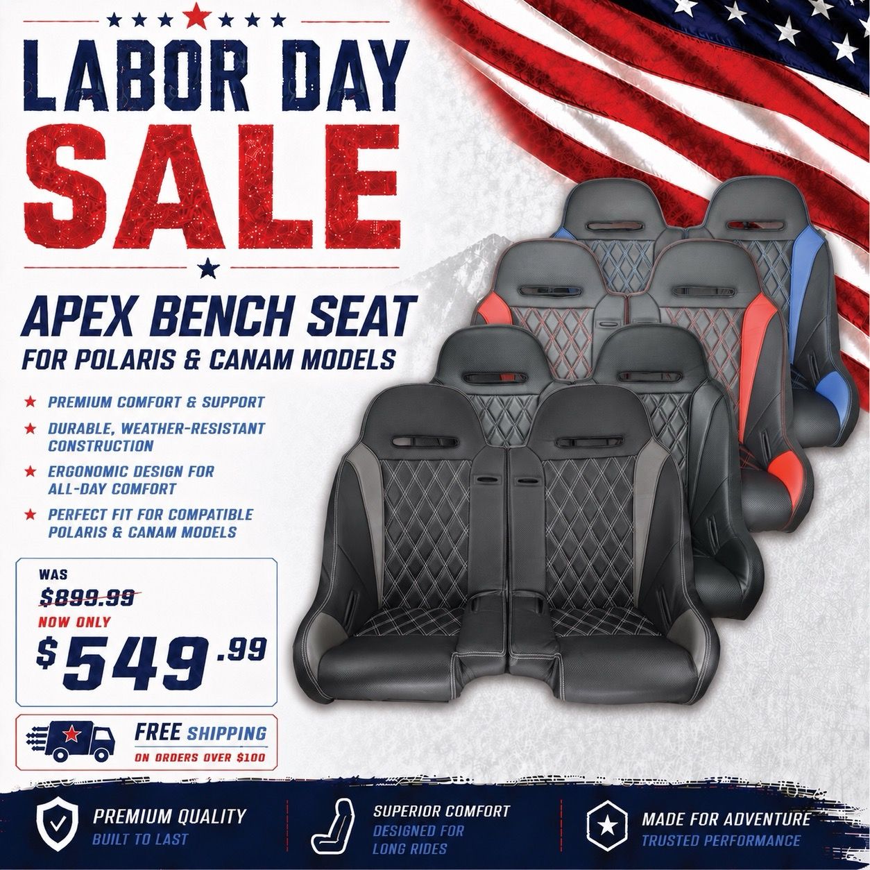 Labor Day sale on Apex bench seat for Polaris and Can-Am models.