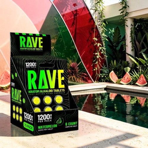 Box of RAVE energy tablets near a pool with watermelon.