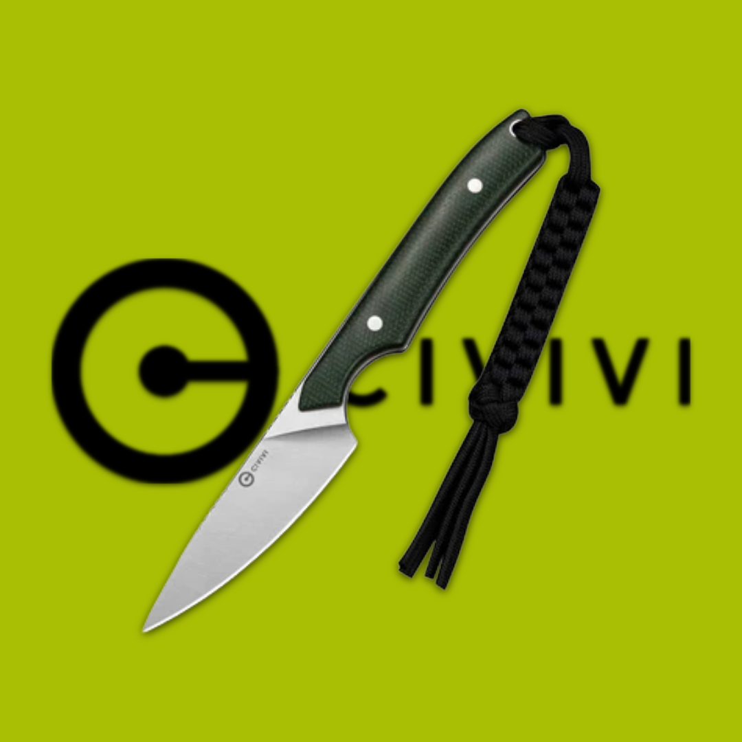 Knife with a black handle on a green background featuring the Civivi logo.