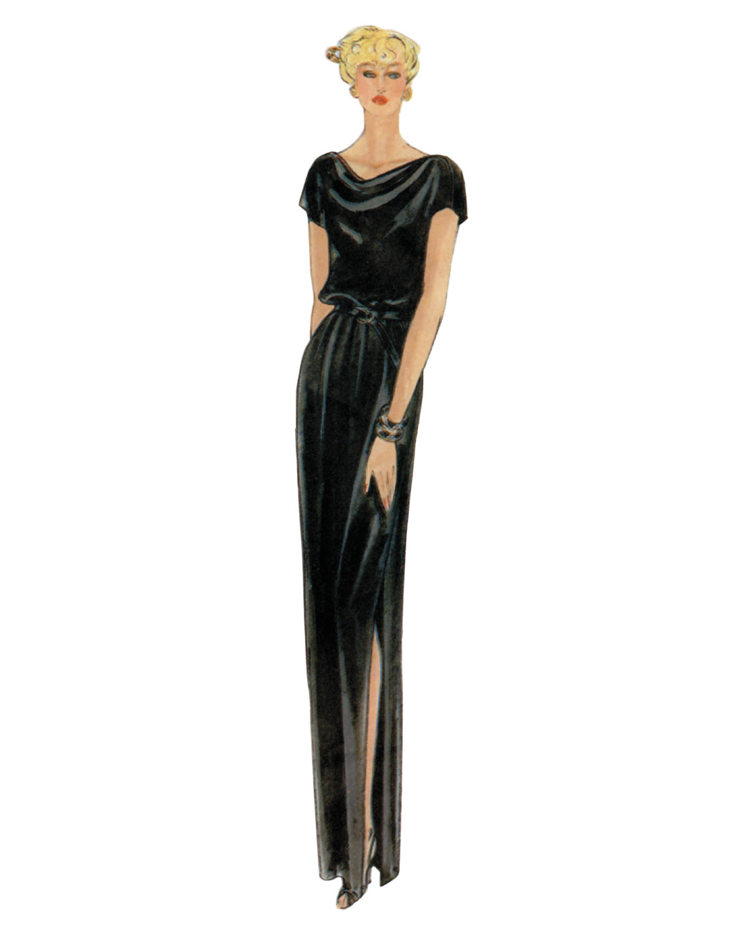 Fashion illustration of a woman in a sleek black evening gown.