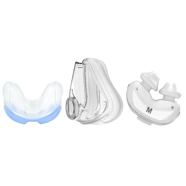Stock photo of Homepage CPAP cushions featuring AirFit N30 nasal cushion, AirFit F10 full face cushion, and AirFit P10 nasal pillow cushion