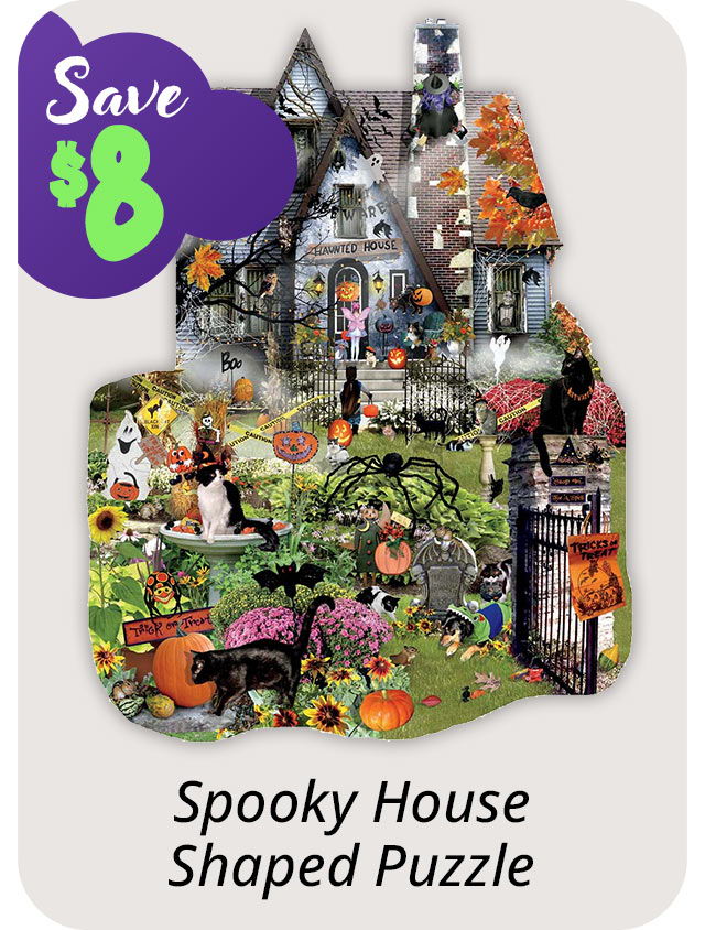 Spooky house shaped puzzle with Halloween-themed decorations and savings offer. Save $8