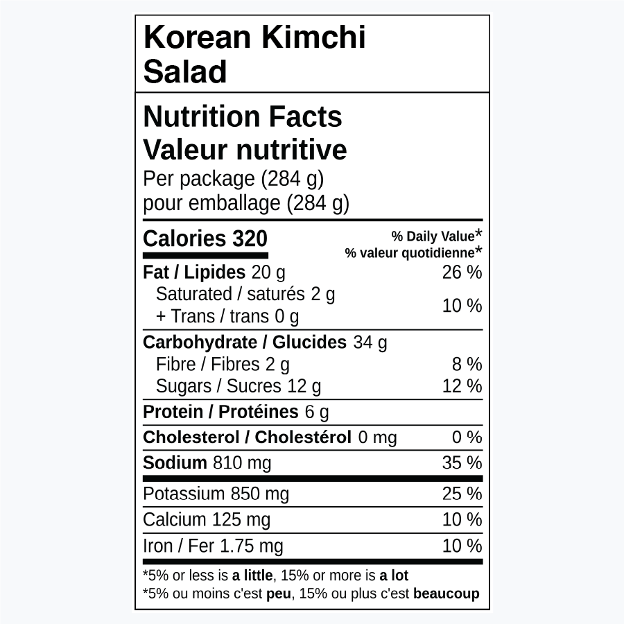 Nutrition facts label for Korean Kimchi Salad.