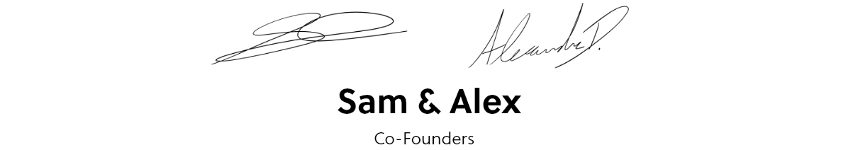 Handwritten signatures of Solios co-founders Sam and Alex