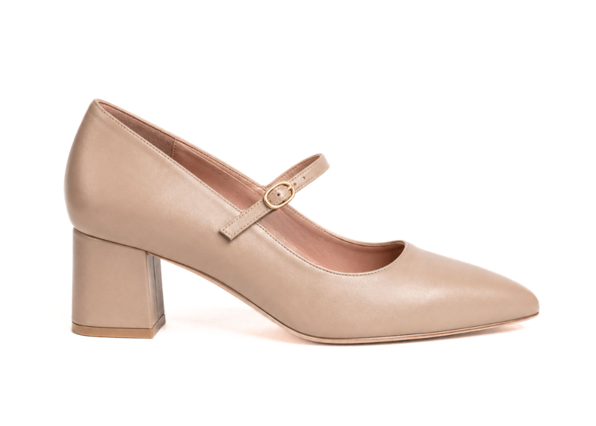 Beige Mary Jane high heels with a chunky block heel.
