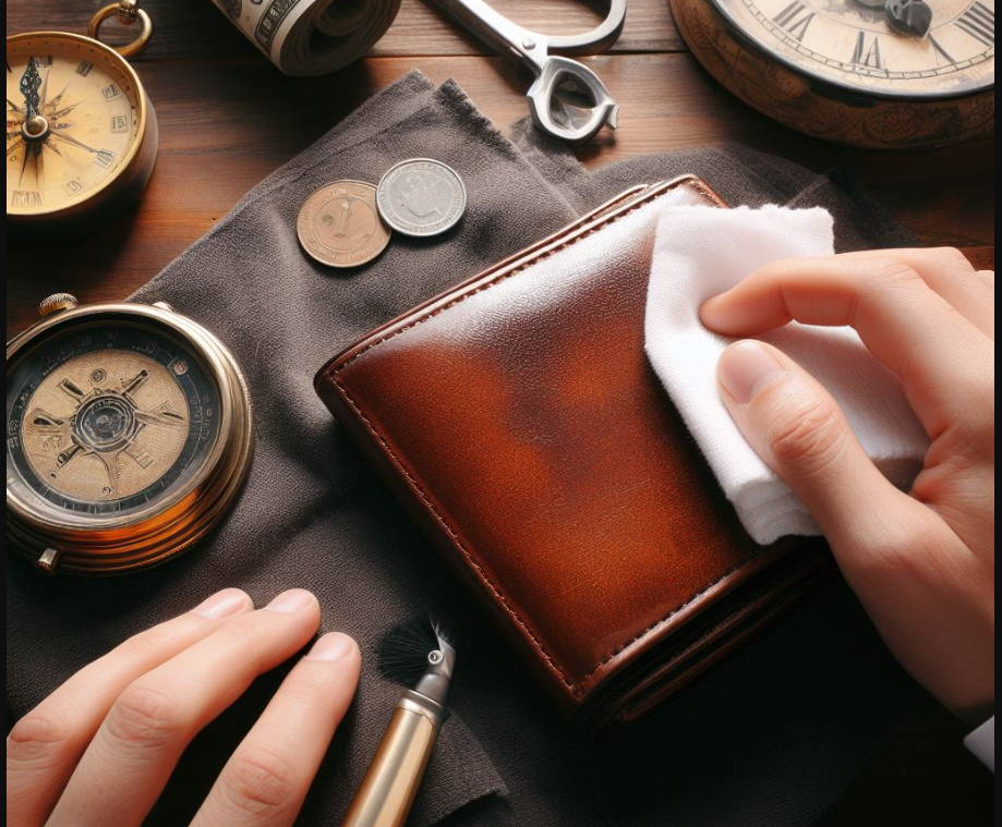 wiping down a leather wallet with microfiber