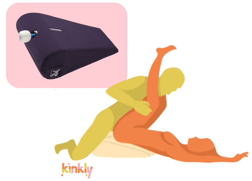 Liberator Axis shown next to an illustrated Hamstring Stretch Sex Position. receiver begins by putting the Axis Sex Toy Mount under their lower back with legs resting on the partner's shoulders to give access to their vagina or anus | Kinkly Shop