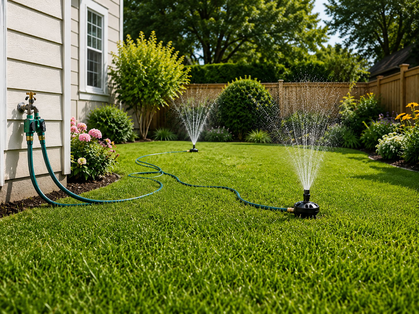 Lush green lawn with sprinklers watering the grass near a house.