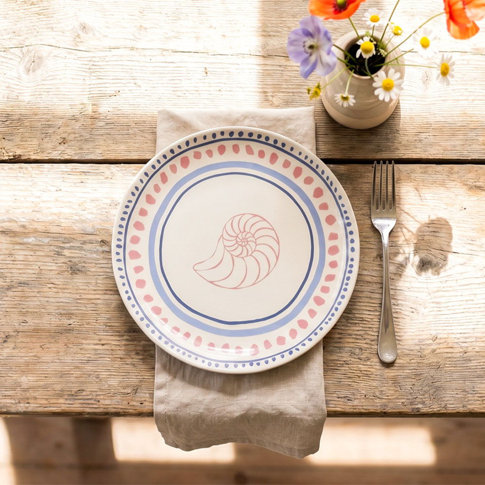 A decorative plate on a wooden table with flowers in a vase.