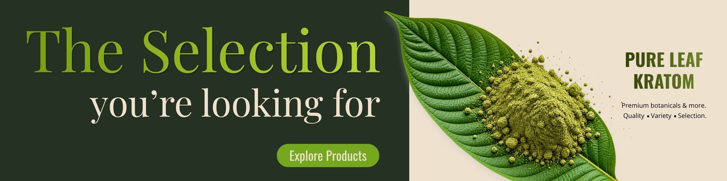 Text promoting a selection with a green leaf graphic.