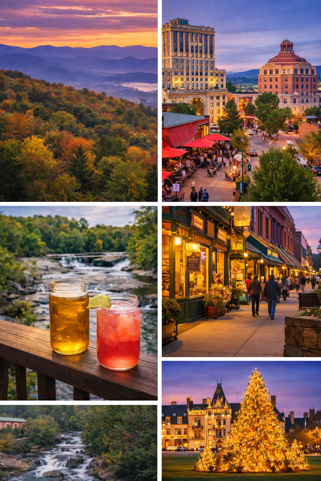 Scenic views, drinks, city life, and holiday ambiance in a collage.