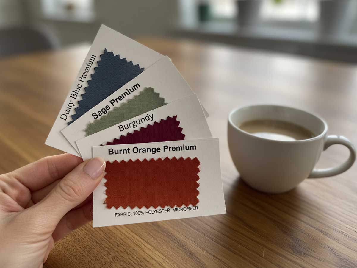 Woman holding color swatches in muted colors over a wooden table
