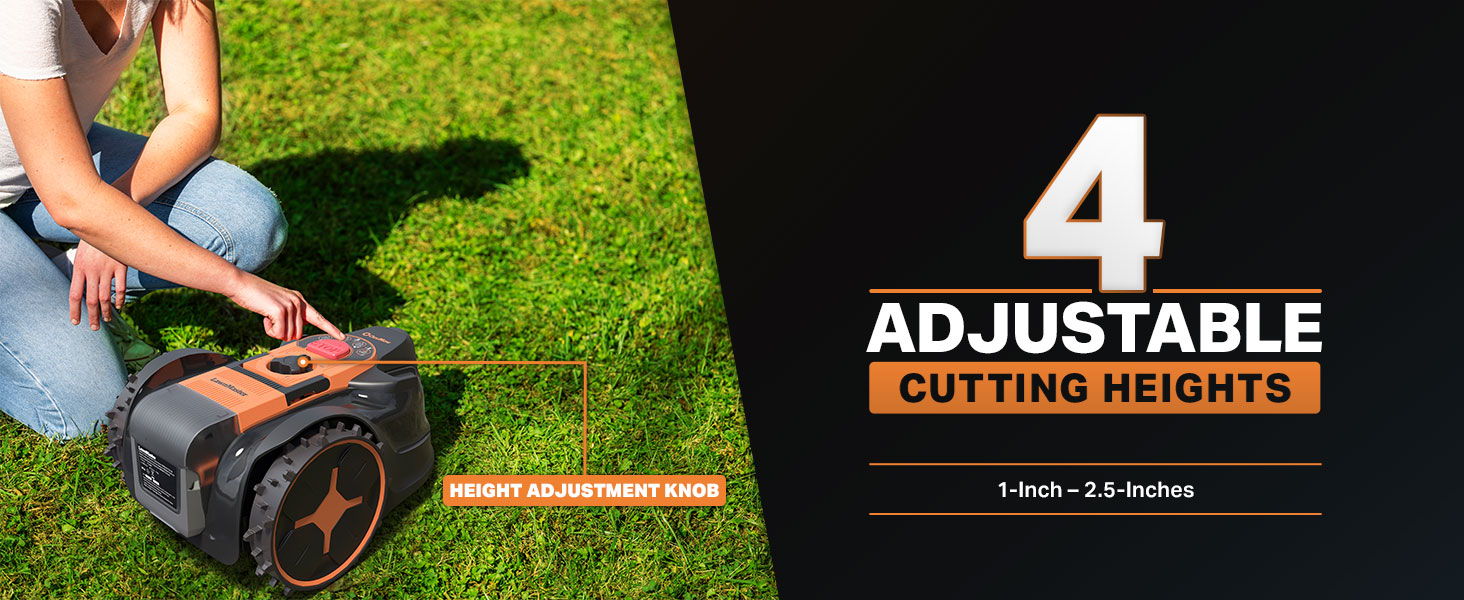 Person adjusting a lawn mower's cutting height on grass.