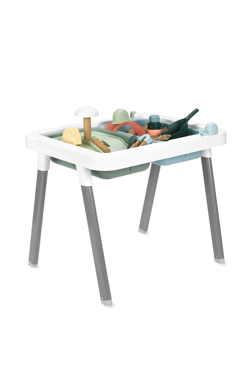 Colorful play table with various toys and accessories on top.