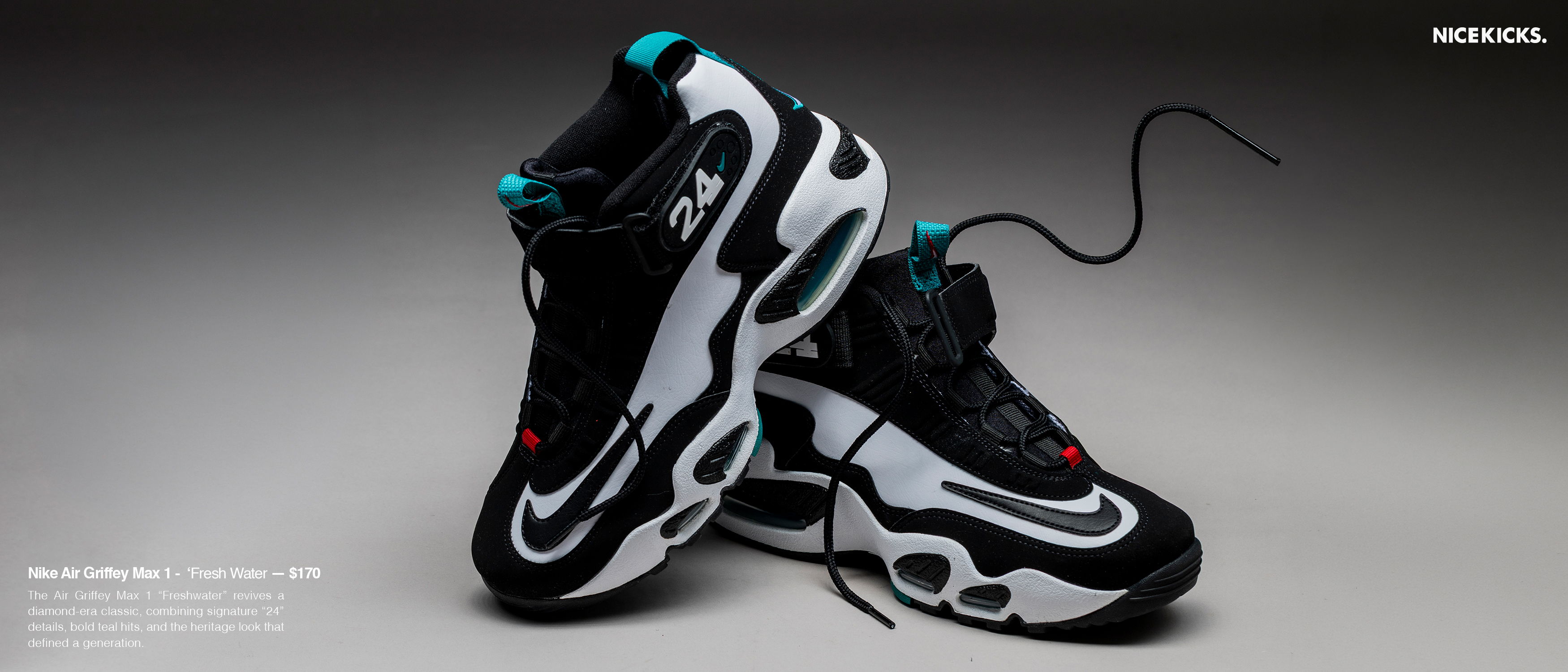 A pair of black and white athletic shoes with teal accents.