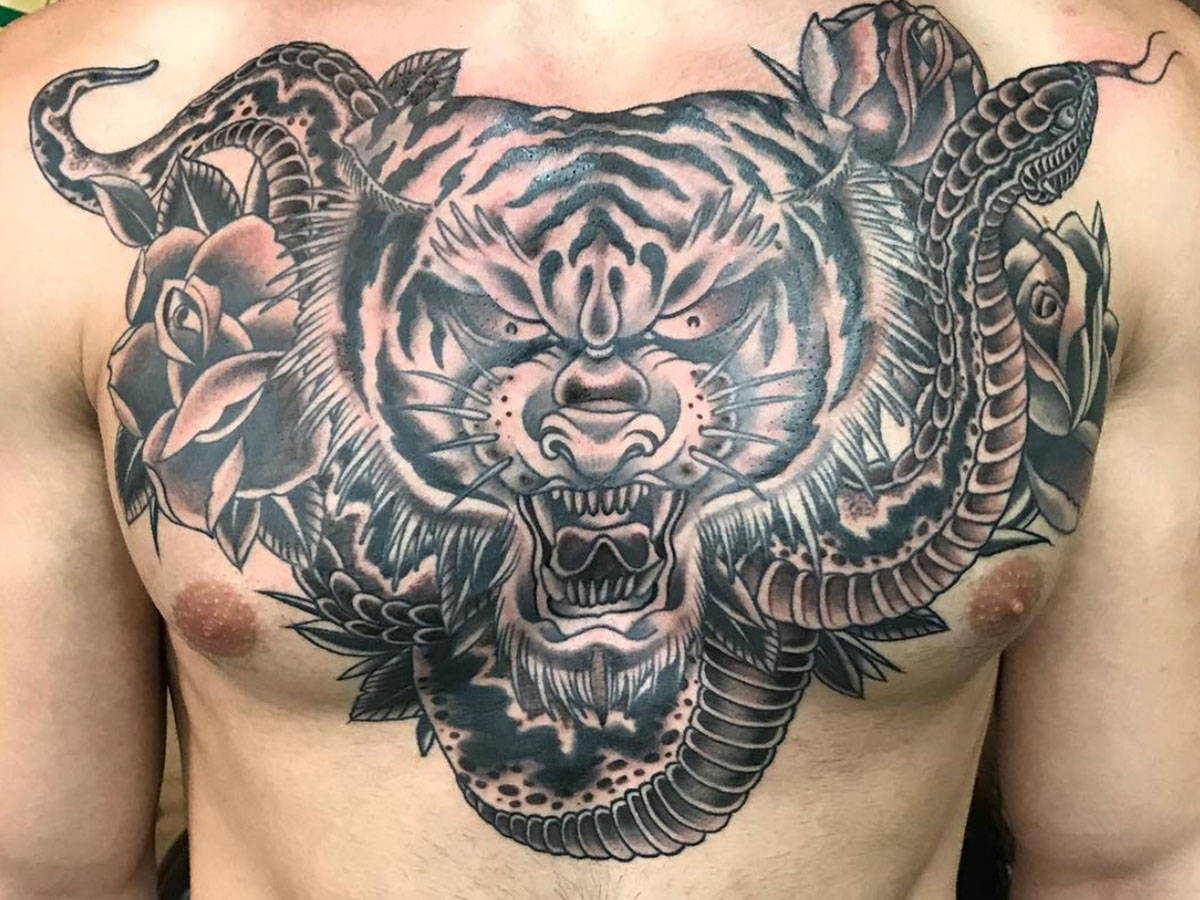 Tiger and Snake Chest Tattoo