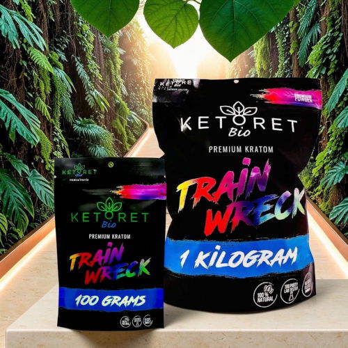 Two packages of Ketoret Bio Train Wreck product on a tropical background.
