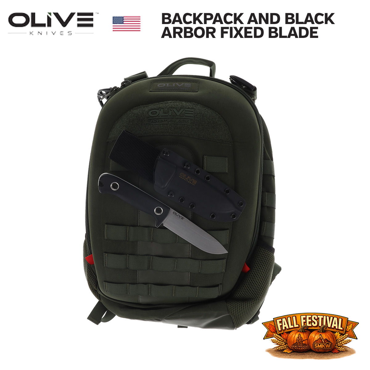 Olive Knives Backpack that will be given away at Fall Festival