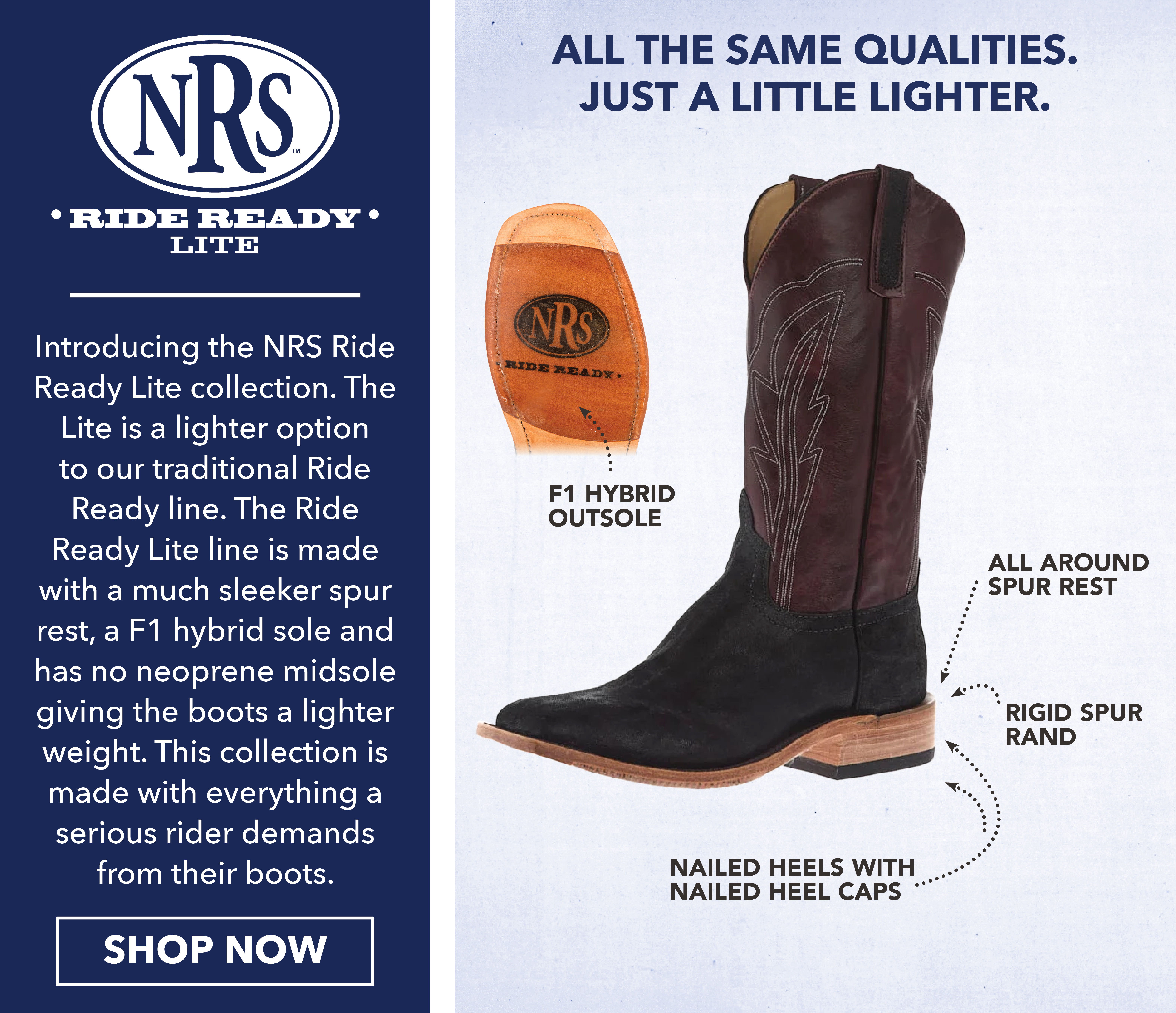 NRS Ride Ready Lite boot advertisement with features and shop now option.