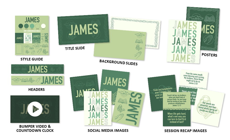 Style Guide, title slides, background slides, headers, image posters, social media images, session recaps, editable files, bumper video, countdown clock. 