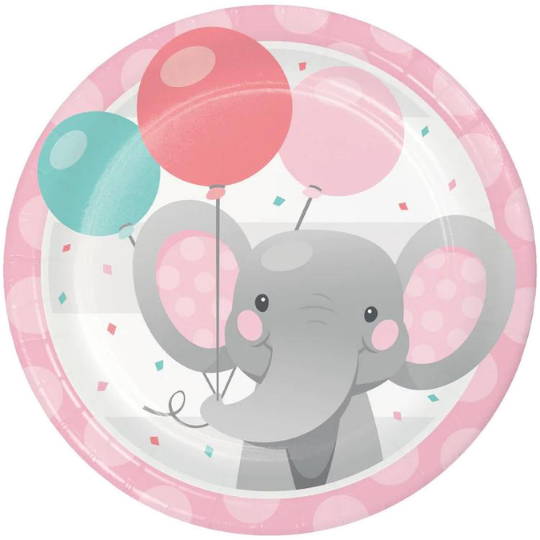 Grey elephant holding pink balloons printed on a plate