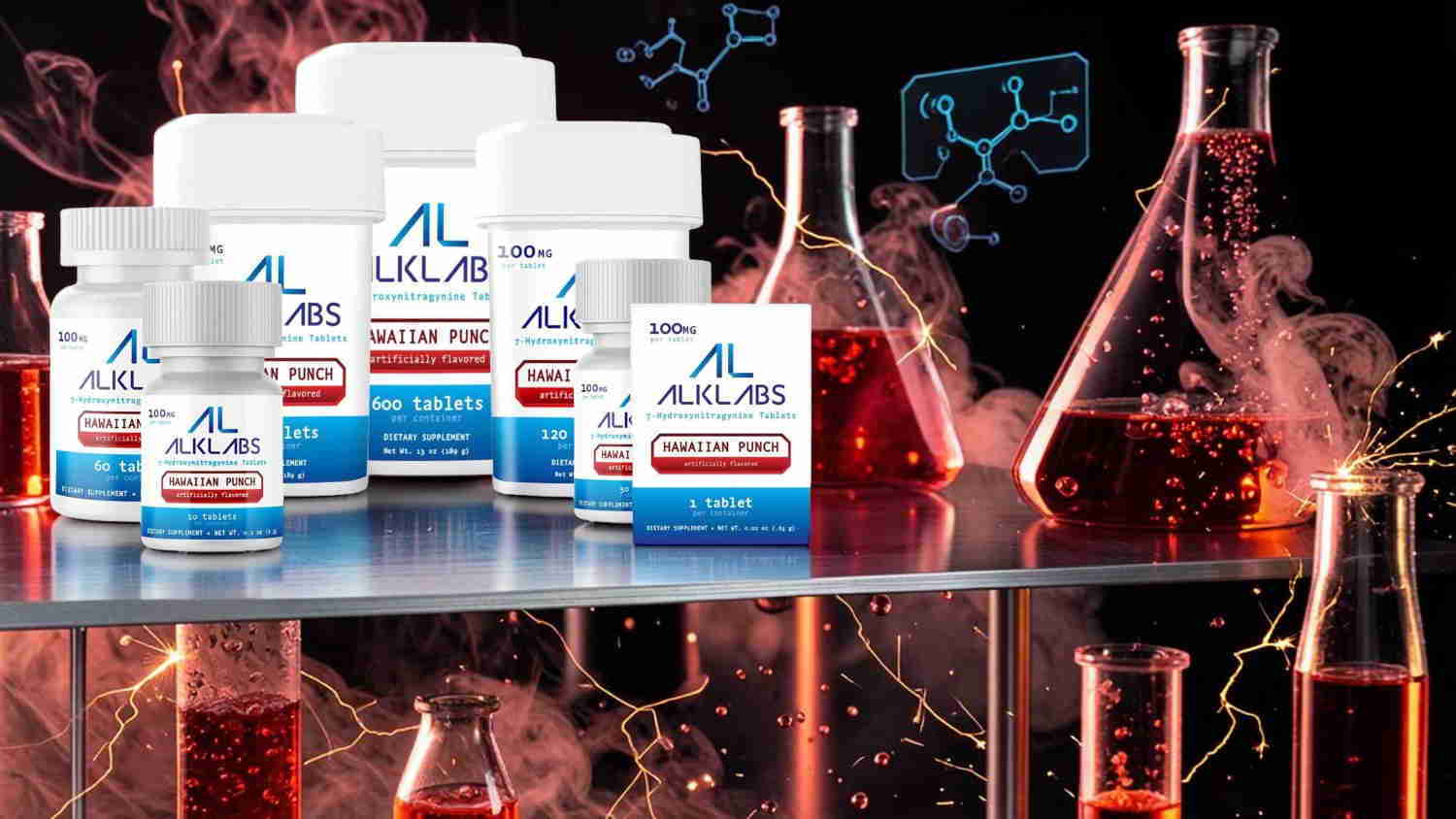 Bottles and flasks with red liquid against a dark background.