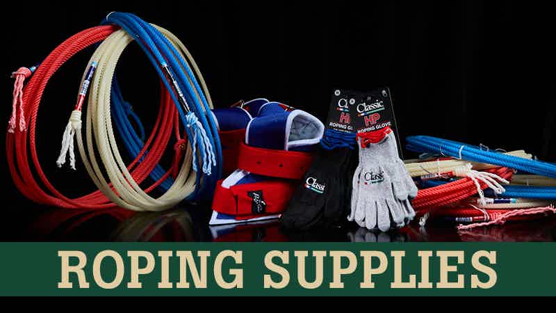 Picture of team roping supplies including team ropes, horn wraps, and roping gloves with text 