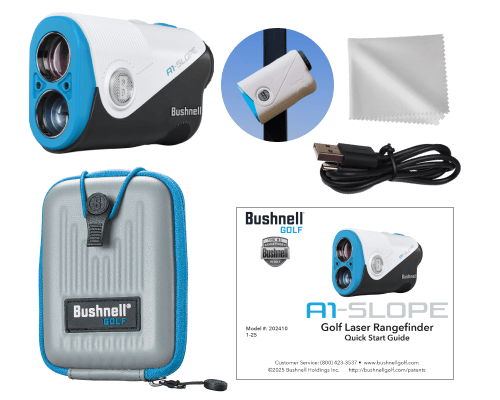 Bushnell golf rangefinder kit with accessories and protective case.