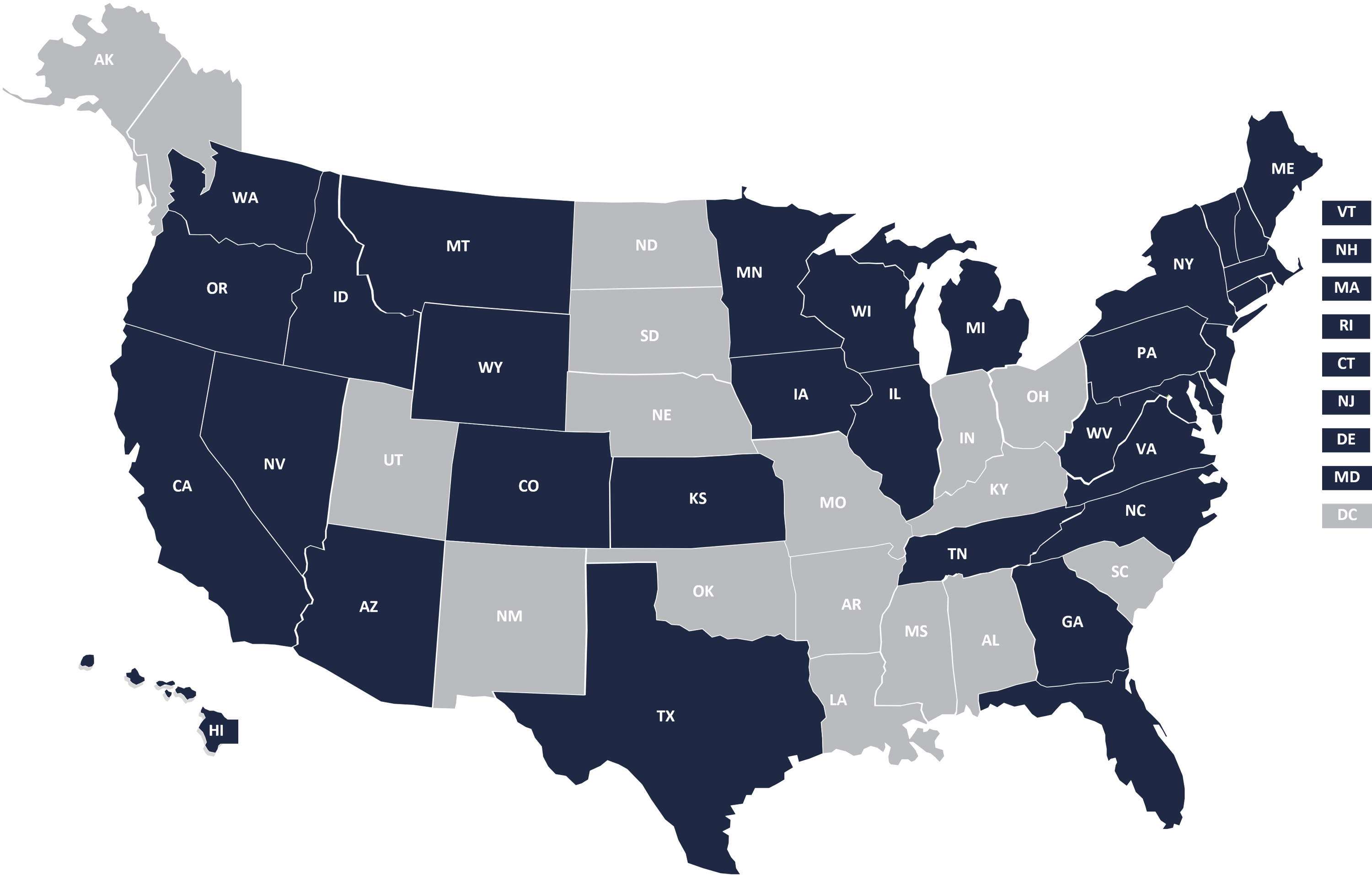 United States map showing the 34 states with proposed foodservice packaging legislation