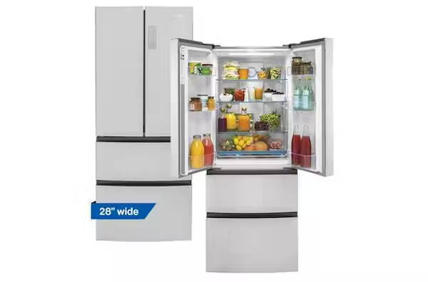 Haier 28 inch stainless steel french door refrigerator pictured open and closed