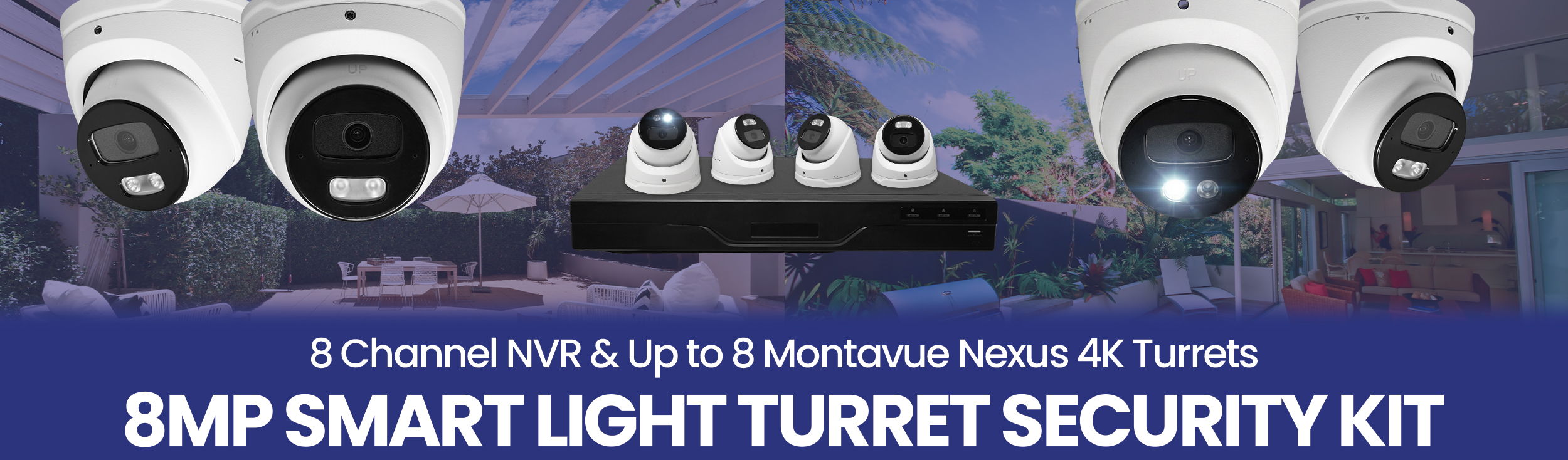 8MP Smart Light Turret Security Kit with multiple cameras and a DVR.