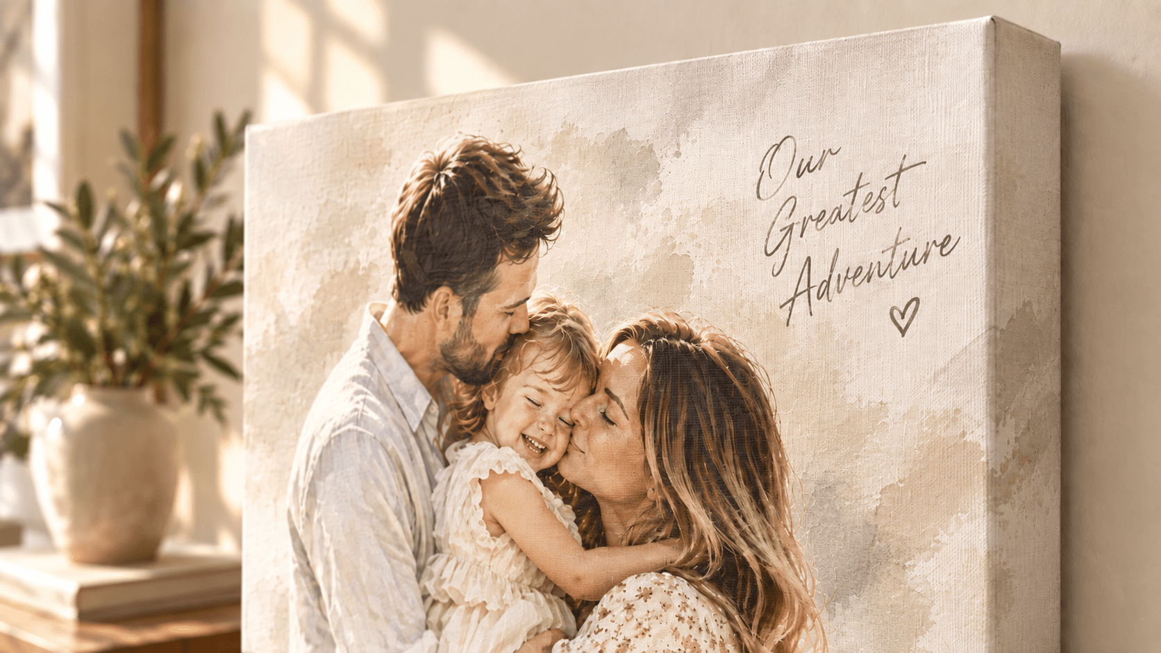 A family portrait with a heartfelt message on a canvas.