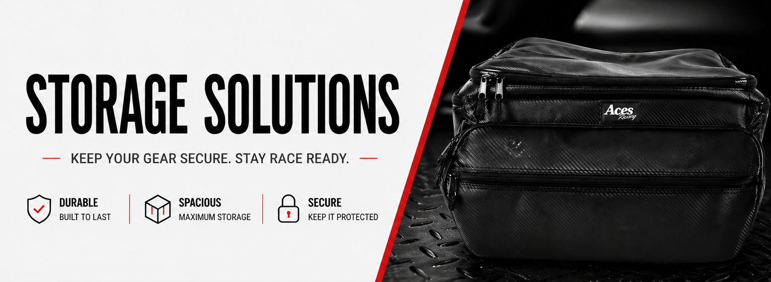 Black storage bag on textured surface with promotional text.