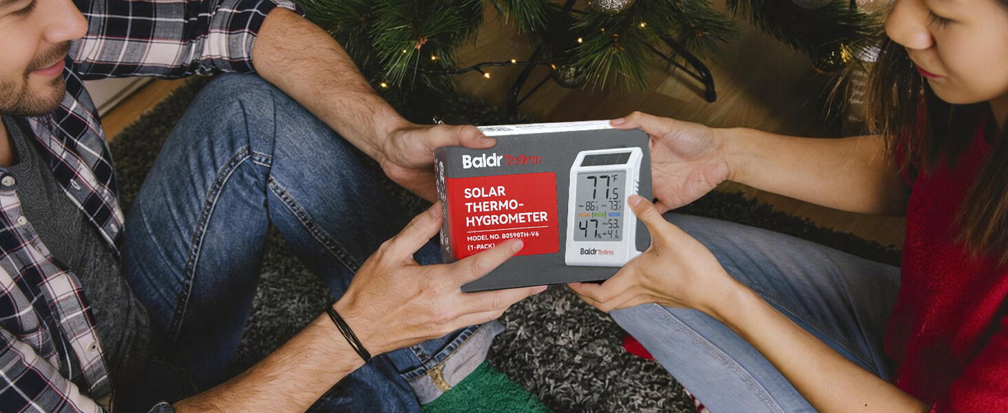 Two people exchanging a gift box with a QR code.