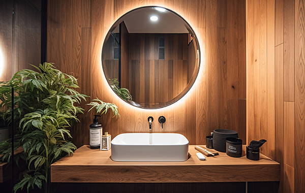 bathroom design example using backlit mirror with LED strip lights