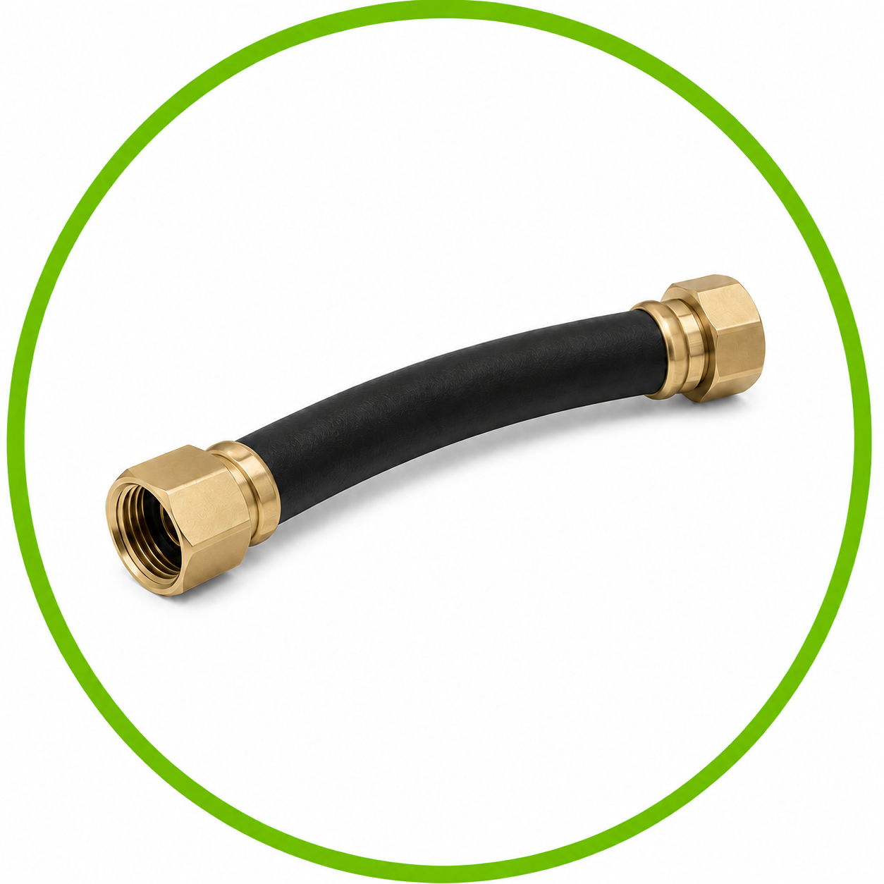 Black rubber hose with brass fittings on both ends.