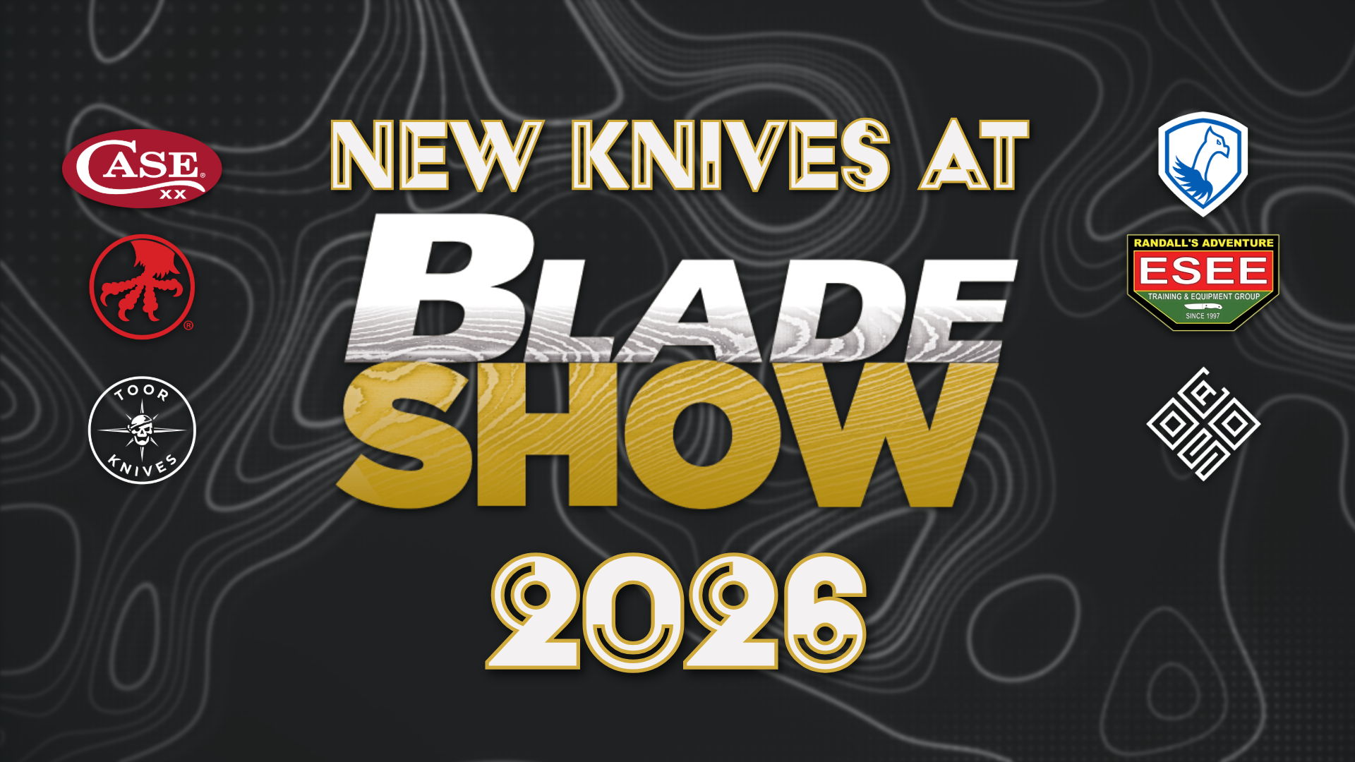 New knives at Blade Show 2026 with various brand logos.