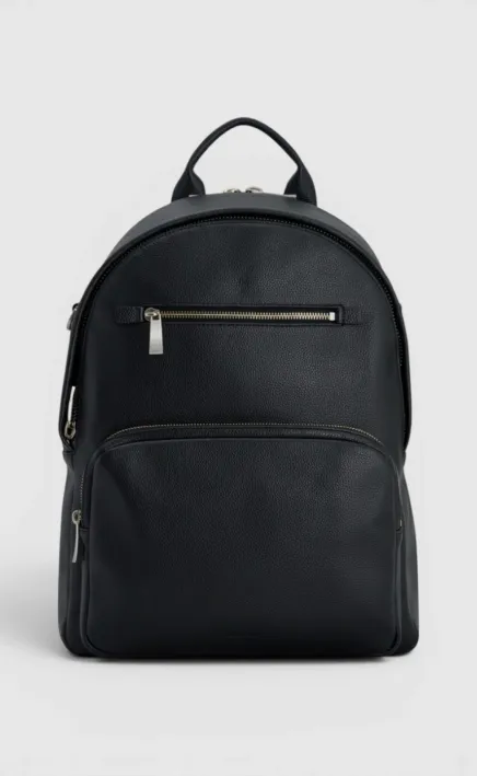 Black leather backpack with front zipper pockets.