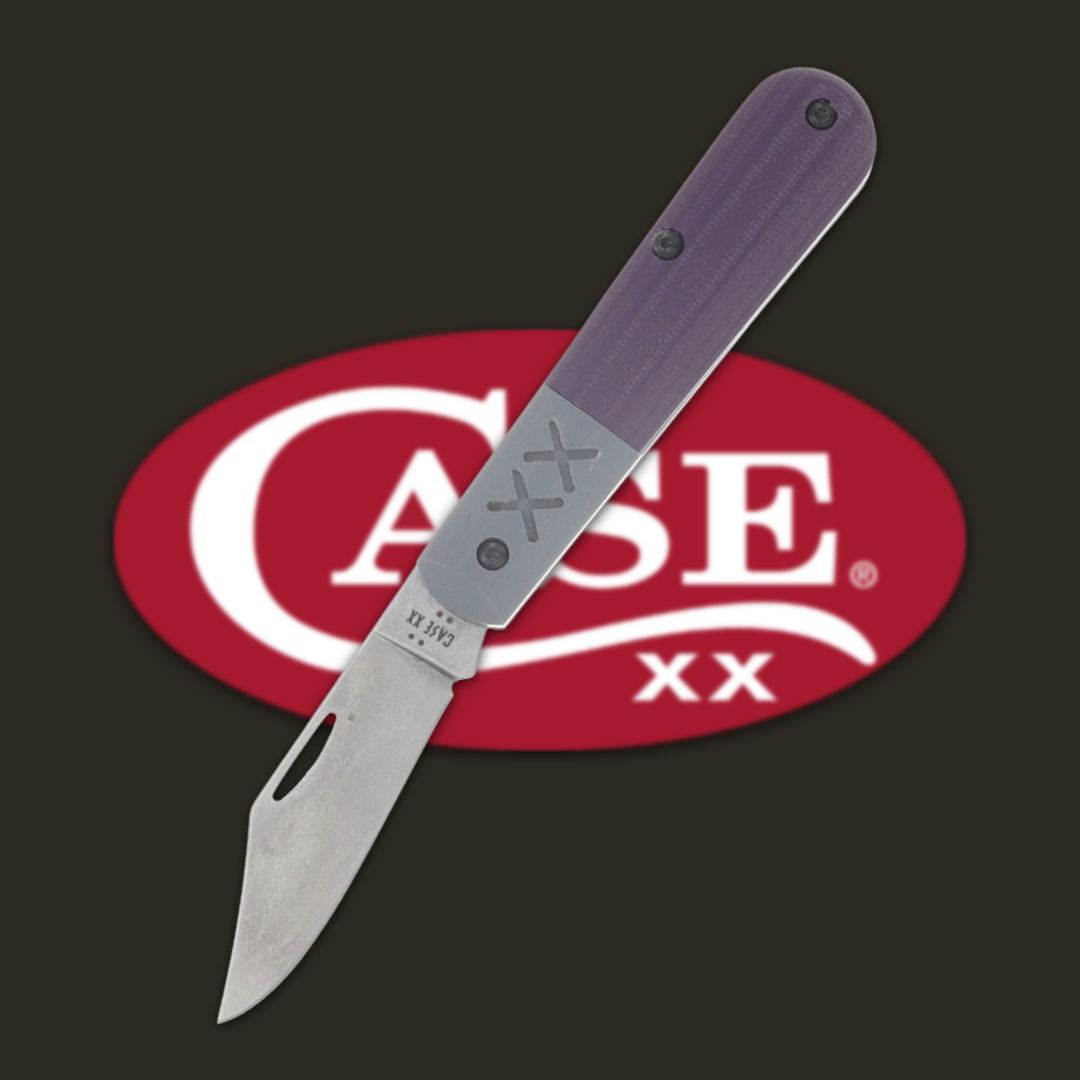 A folding knife with a purple handle against a red CASE logo.