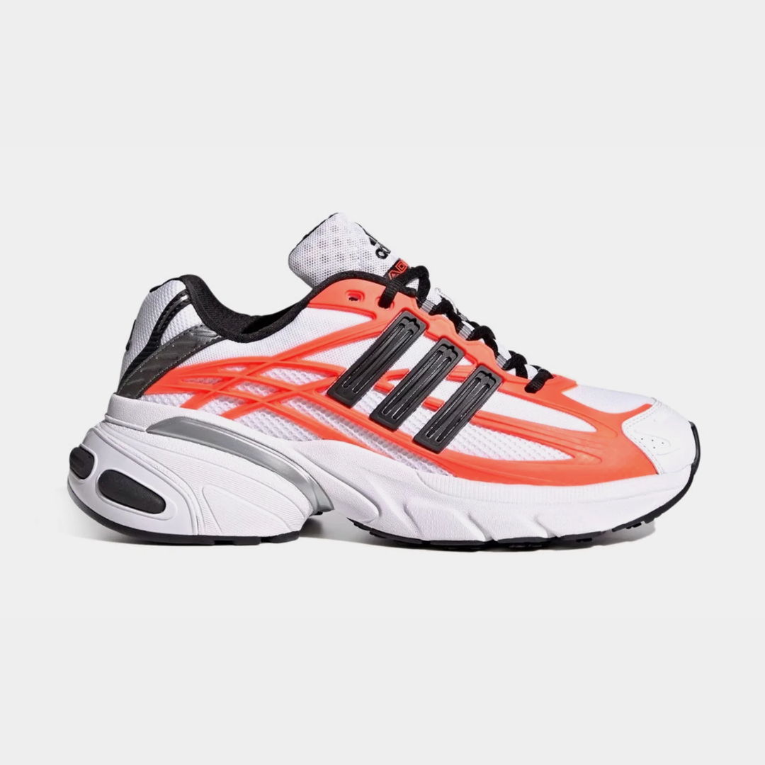 White and orange athletic shoe with black accents and three stripes.