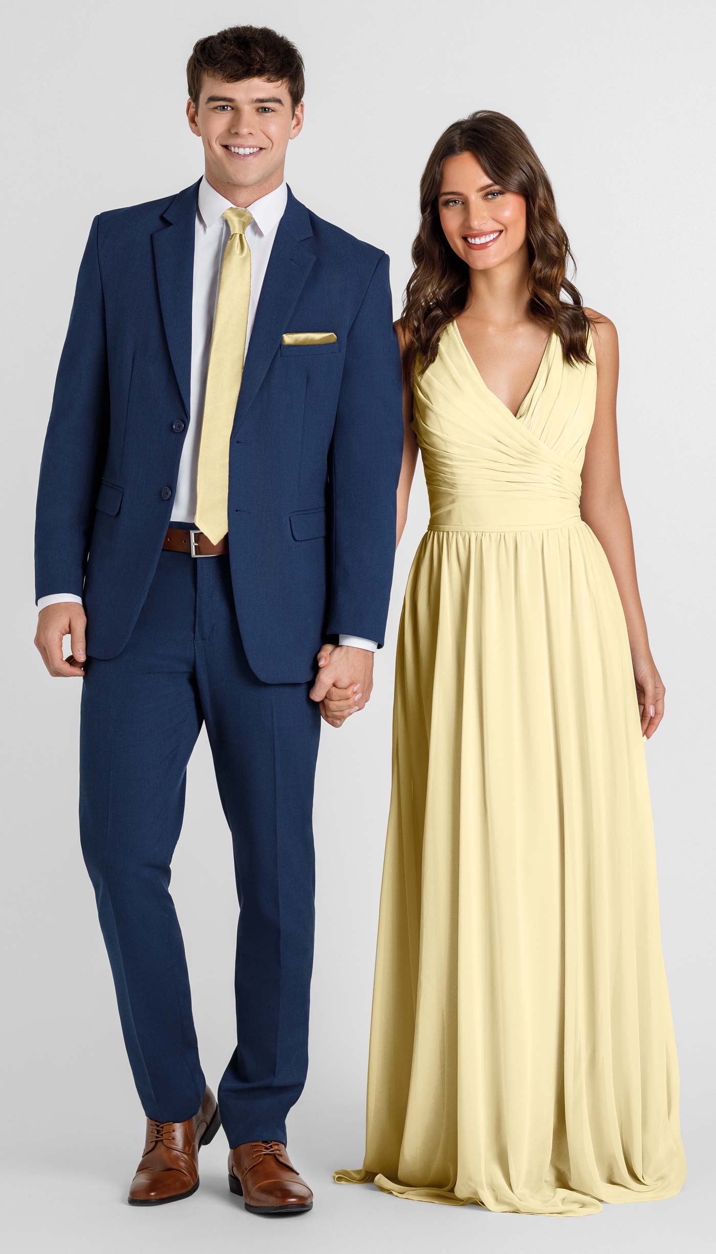 navy suit with buttercup bridesmaid dress