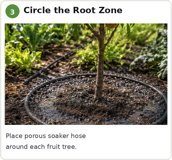 Soaker hose placed around the root zone of a fruit tree.