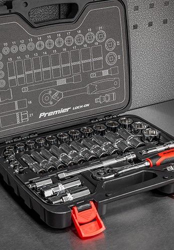 A toolset with various sockets and a ratchet in a case.