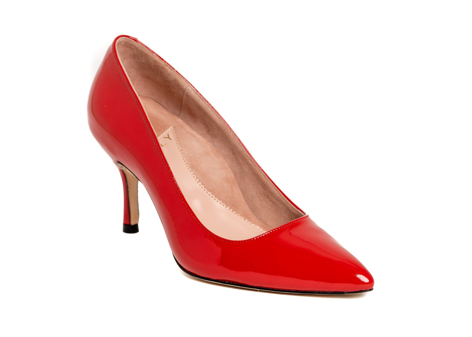 Red patent leather high heel shoe on a white background.