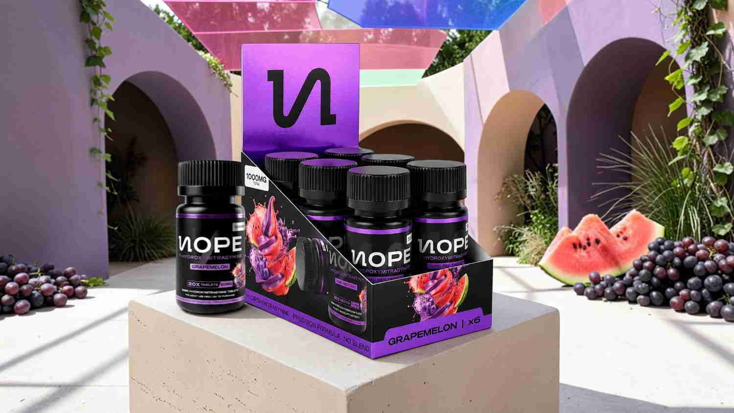Product display of dietary supplements in a colorful, modern setting.