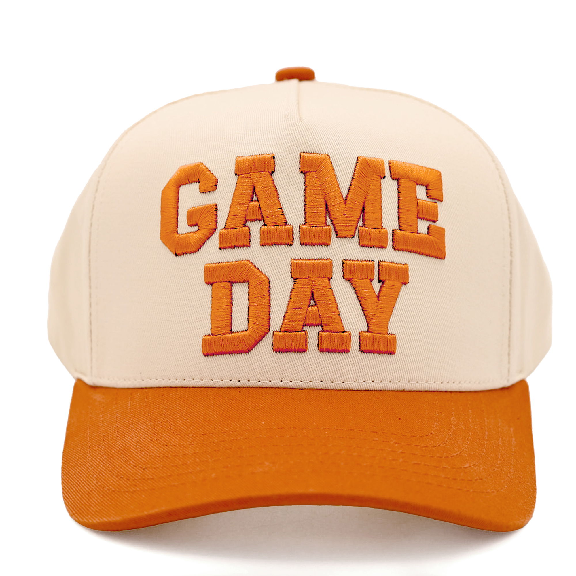 A beige and orange cap with 