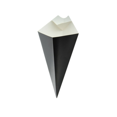 A black paper food cone with a sauce cup built into the tip