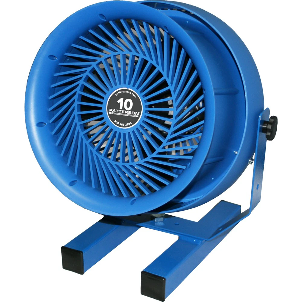 Blue circular fan on a stand with a speed setting label.